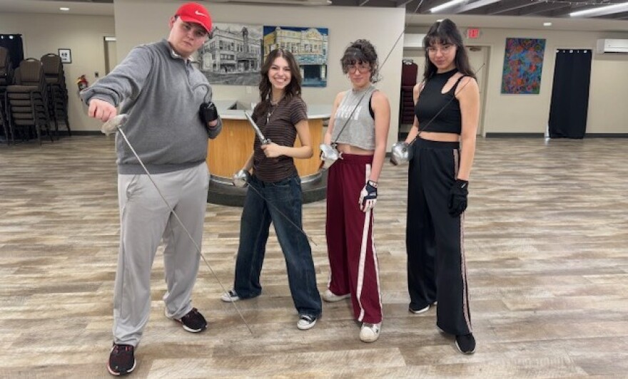 Fight Choreographers Lily Canter & Marissa Drew with Jonathan Lowden (Hook) & Gwen Updegraff (Peter)