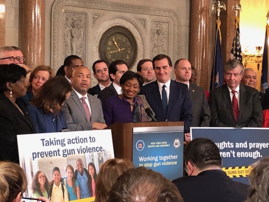 Assembly Speaker Carl Heastie and Senate Leader Andrea Stewart-Cousins hold a news conference prior to voting on several gun control measures at the Capitol on Tuesday.