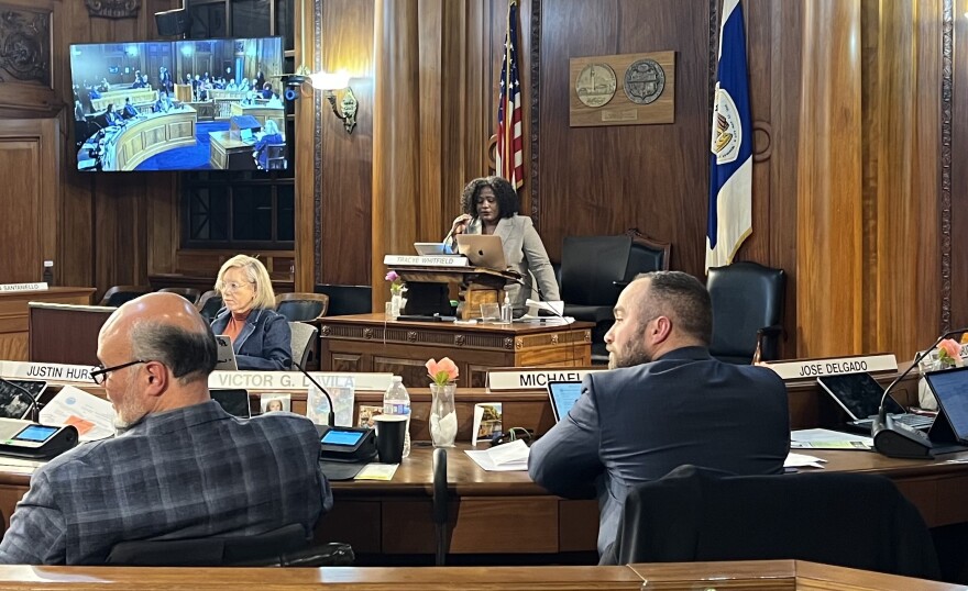 By a vote of 4-7, the Springfield City Council shot down a "no confidence" resolution targeting Council President Tracye Whitfield (center, at speaker's podium). Whitfield recused herself from the vote, which came after weeks of being at the center of a city law department legal review.