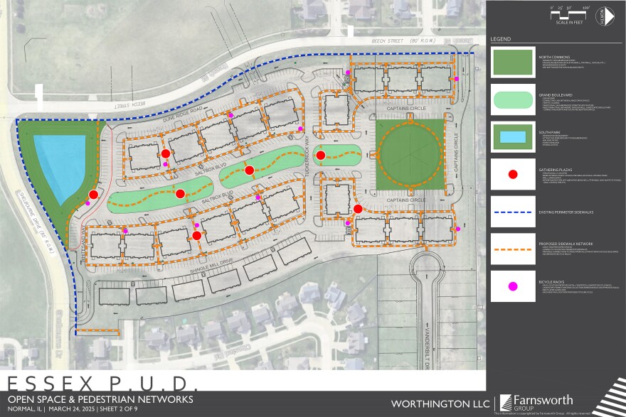 The planned Essex development. The six four-unit townhomes (24 units) would be on the far east side, closest to the homes on Olmsted Road in the Collie Ridge subdivision.