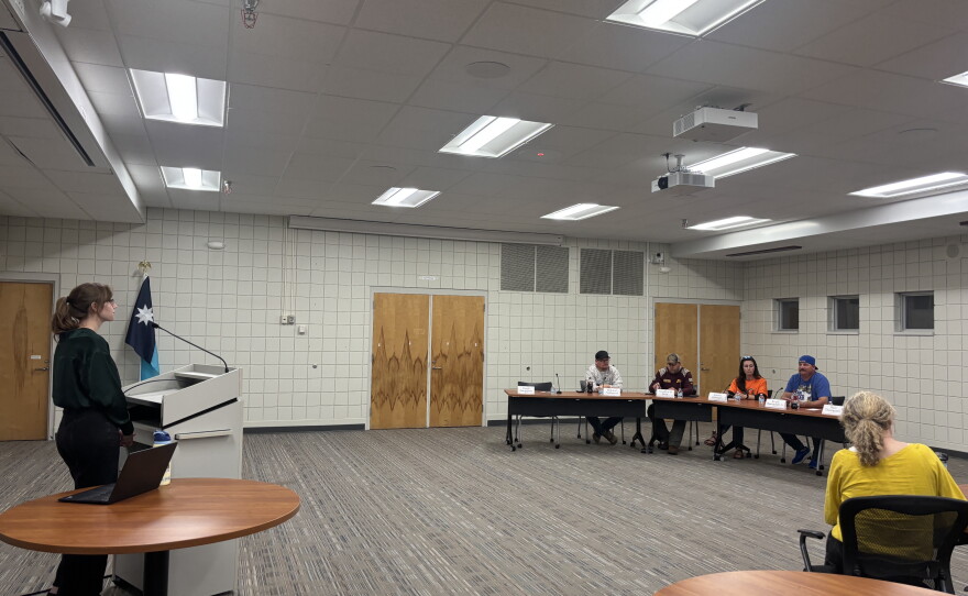 KAXE reporter Emma Krab moderates a forum with candidates for Deer River School Board on Sept. 30, 2026, in Grand Rapids.