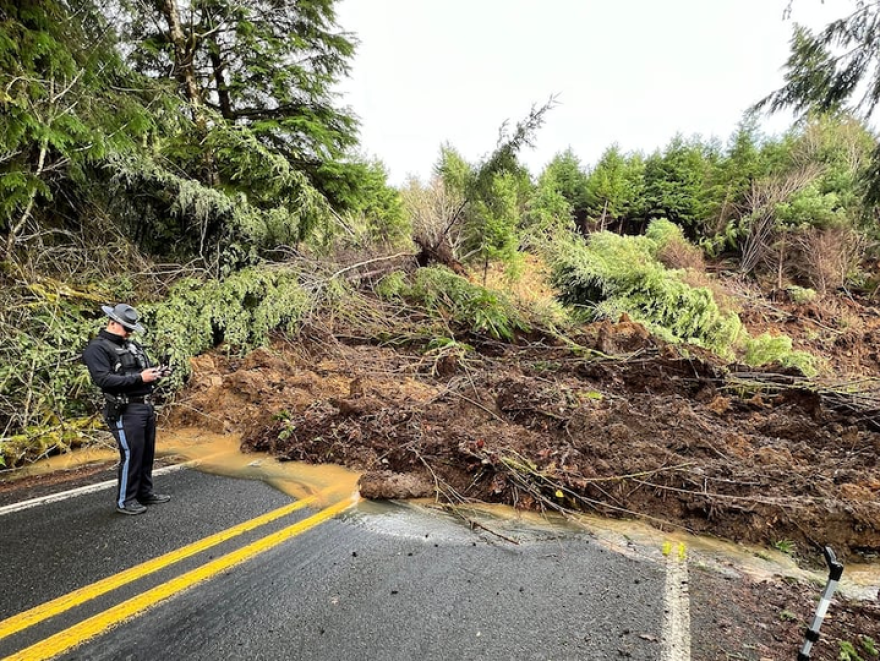 Highway 229 between Kernville and Siletz on Dec. 12, 2025. The highway is closed near milepost 14, due to a massive landslide. Travelers will need to use U.S. 101 to get around the closure.