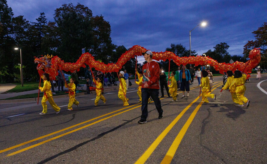 The Spartan Chinese School walks in the Michigan State University Homecoming Parade in East Lansing, Mich., on Oct. 9, 2026.