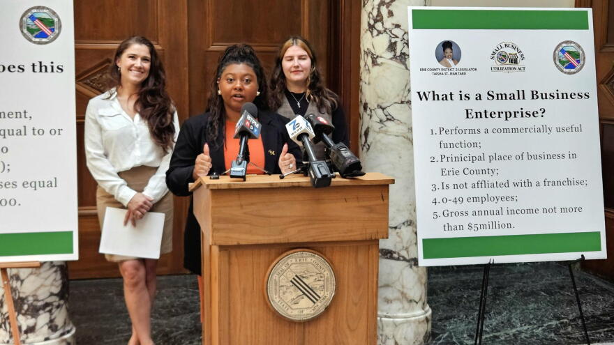 Erie County Legislator Taisha St. Jean Tard, center, describes the impact of the county's Small Business Enterprise Utilization Act. The legislation prioritizes county contracts with Erie County small businesses.