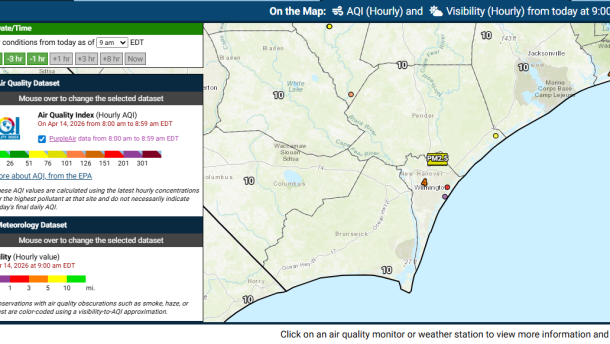 NCDEQ registering higher levels of smoke in New Hanover County as of 9:00 Tuesday morning.