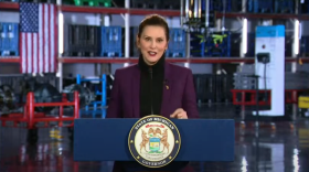  Michigan Governor Gretchen Whitmer delivers her 2022 state of the state address from the Detroit Diesel plant Wednesday.