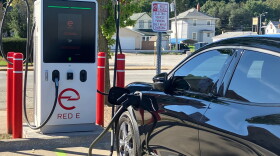 A battery-powered electric car charges at one of two new charging stations at the East Moline Public Library parking lot, Thursday, Sept. 24, 2026.