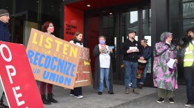 Tacoma Art Museum employees spoke to supporter Thursday evening, calling for the museum's board to recognize their union. Photo by Lauren Gallup.
