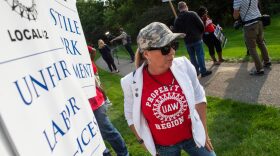 Members of the United Auto Workers (UAW) union hold a practice picket in front of Stellantis headquarters in Auburn Hills, Michigan, on September 20, 2023. The picket comes as Chrysler's parent company, Stellantis, is reportedly planning to sell the center as part of a union deal. (Photo by Matthew Hatcher / AFP) (Photo by MATTHEW HATCHER/AFP via Getty Images)