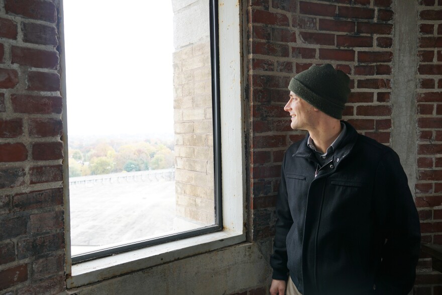 Andrew Wanko, public historian for the Missouri History Museum, stops at one of the viewing platforms in the Compton Hill water tower on November 8, 2011.