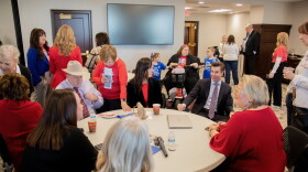 Sen. Adam Pugh (R-Edmond), Rep. Mark McBride (R-Moore) and Sen. Carri Hicks (D-Oklahoma City) speak with public school supporters during National Public Schools Week.