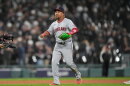 Cleveland Guardians' Jose Ramirez celebrates after winning Game 4 of baseball's American League Division Series against the Chicago White Sox, Thursday, Oct. 8, 2026, in Chicago. 