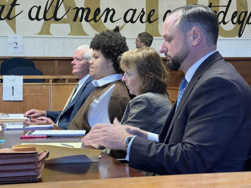 Raymond Wright Jr., second from left, sits in Schenectady County Court on Wednesday, Oct. 21, 2026, as the third day of his trial in the murder of Samantha Humphrey gets underway.