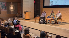 From right, KALW's Executive Producer Ben Trefny, CalMatters Politics Editor Juliet Williams at center stage, and San Francisco Public Press author Lila LaHood in conversation at the San Francisco Main Public Library’s Koret Auditorium.