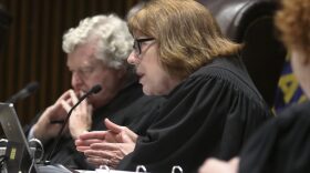 Kansas Supreme Court Justice Evelyn Wilson asks a question during oral arguments regarding constitutionality of redistricting maps created by the 2022 Kansas Legislature.