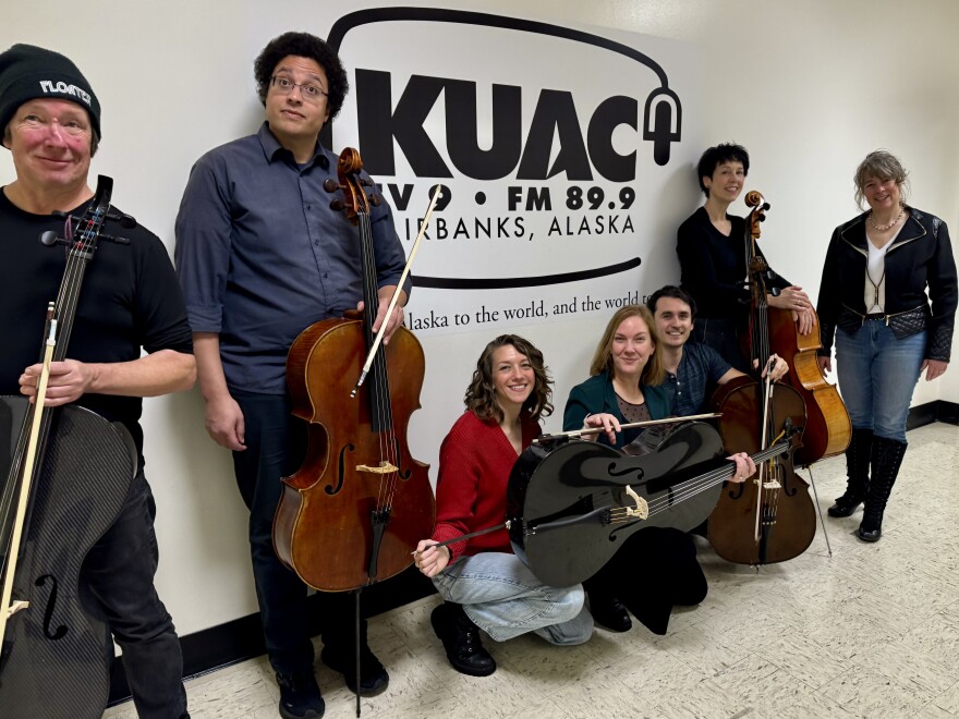 Portland Cello Project's cellists Skip, Kevin, singer Patti King, cellists Valdine and Diane plus Alaska Live host Lori Neufeld