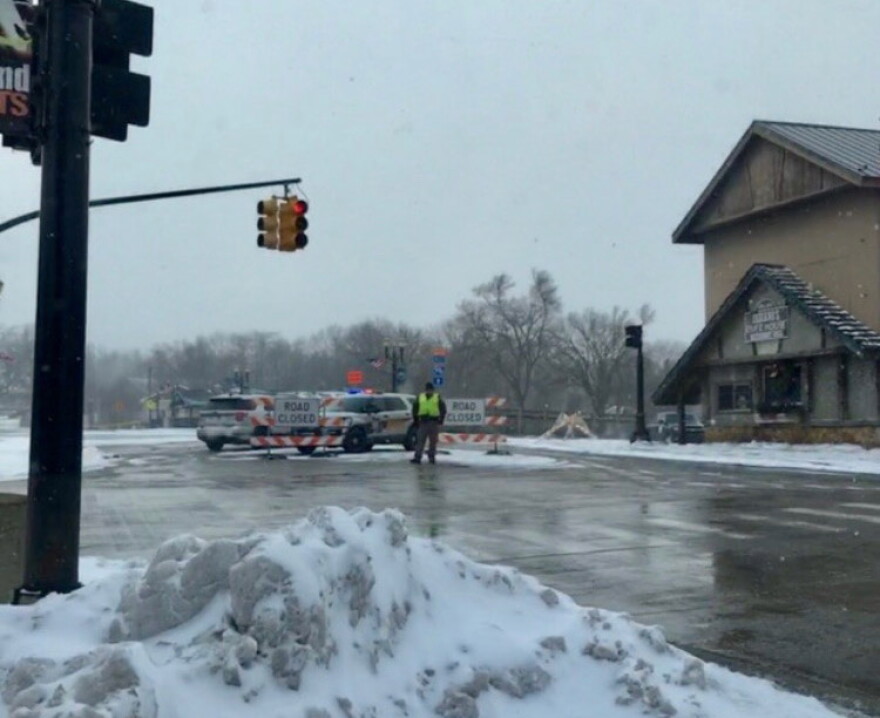 A closed road in Portland, Mich., Friday, Feb. 8, 2019. Jessica Dorsky went to get gas on Friday, but found the station and road were closed.