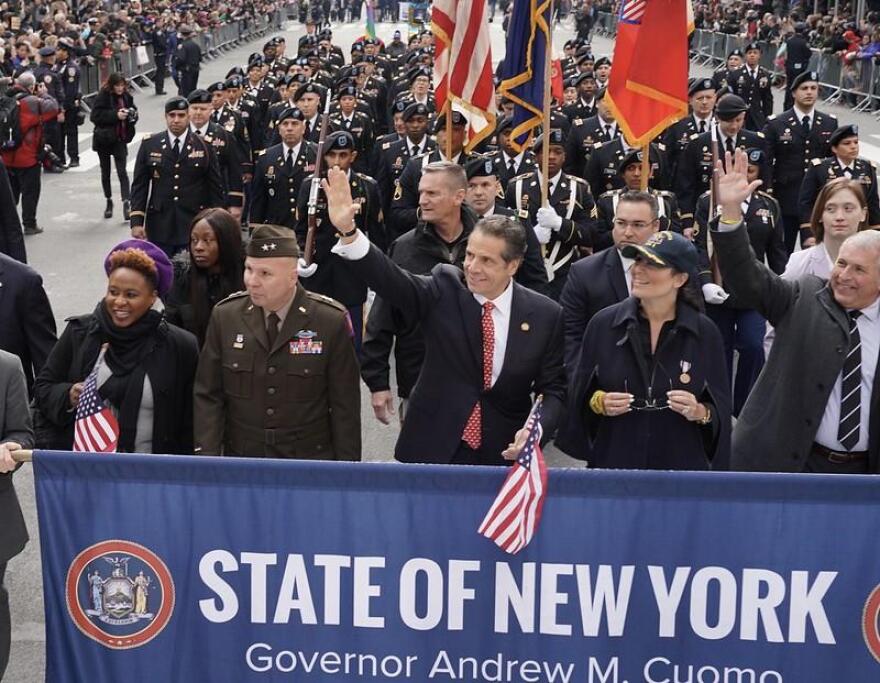 Gov. Andrew Cuomo marches Monday in the Veterans Day parade in New York City. Credit Gov. Andrew Cuomo's office