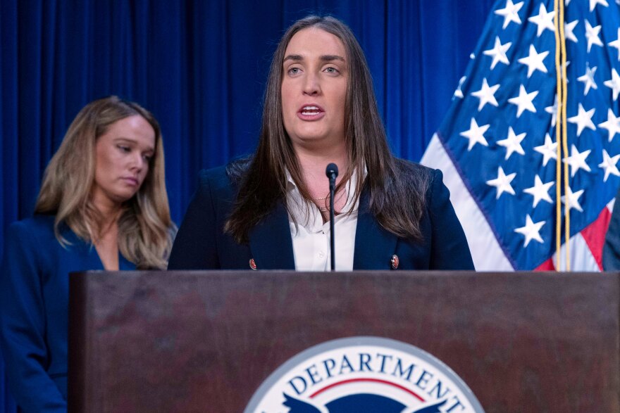Deputy director of U.S. Immigration and Customs Enforcement Madison Sheahan speaks during a news conference at ICE Headquarters, in Washington, Wednesday, May 21, 2025. 