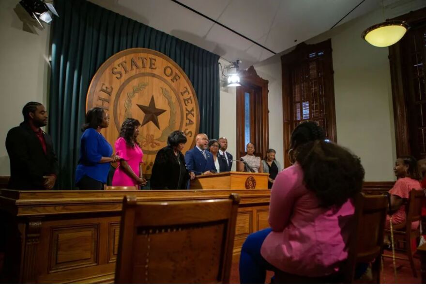 State Rep. Ron Reynolds urges the passage of the CROWN Act during a press conference held by the Texas Legislative Black Caucus in the state Capitol on April 13.