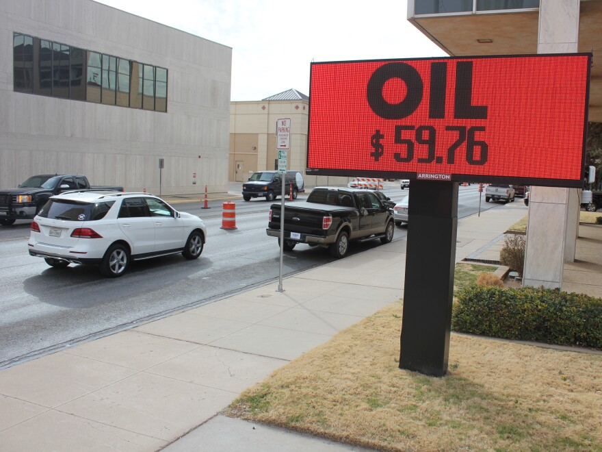 An LED light flashes the going price of a barrel of oil in downtown Midland, Texas. U.S. production is at record levels even though the price of oil is not nearly as high as during the last boom.