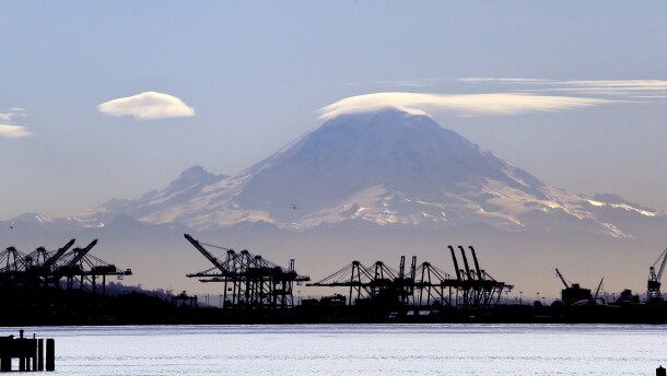 Cranes in front of Mount Rainier. 