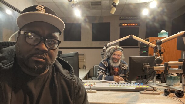 M'Banna Patako II (left) and Jeff Williams (right) in the NPR Illinois studio. M'Banna is with BLBL4K - Better Life Better Living for Kidz
