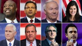 Clockwise: Tim Scott, Ron DeSantis, Asa Hutchinson, Nikki Haley, Vivek Ramaswamy, Doug Burgum, Chris Christie, Mike Pence (Jacquelyn Martin/AP; Octavio Jones/Getty Images; Victor J. Blue/Bloomberg; Mark Makela/Getty Images; Anna Moneymaker/Getty Images; Dan Keock/Reuters; Michael M. Santiago/Getty Images; Chip Somodevilla/Getty Images)