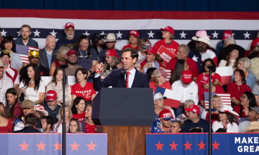 State Sen. Mayes Middleton (R-Galveston), who is running for Texas Attorney General, speaks to the crowd at a Republican rally headlined by President Donald Trump at the Freeman Coliseum on Oct. 7.