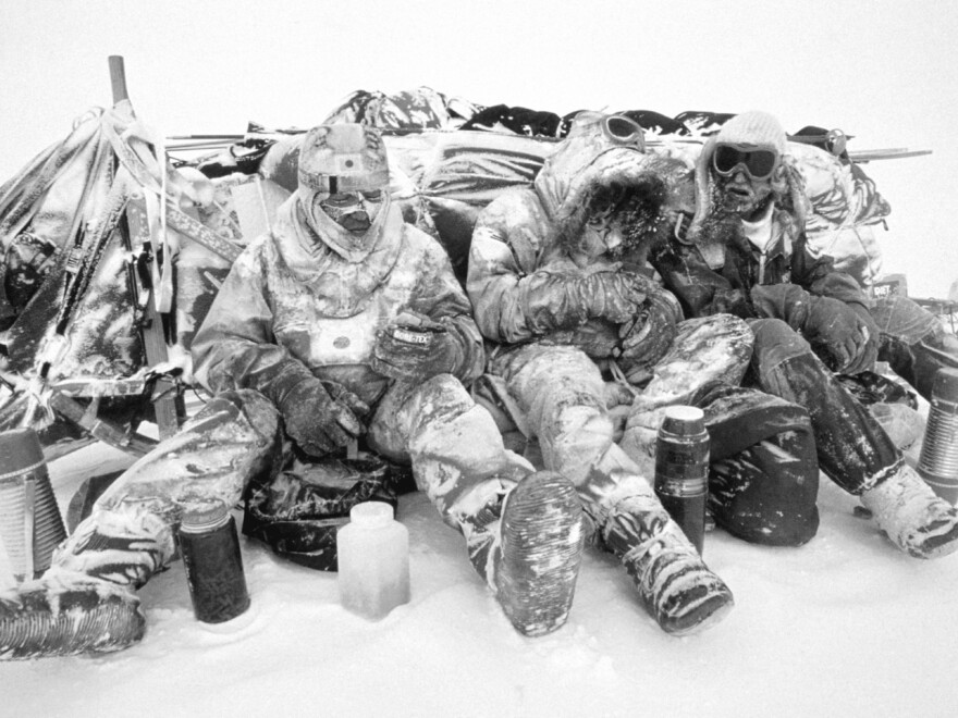 Lunch break is no picnic in Antarctica, during a 56-day storm. Wind-blown snow pelted Will Steger and his 1989-1990 International Trans-Antarctica Expedition, the first to cross the continent — 3,741 miles — by dogsled.