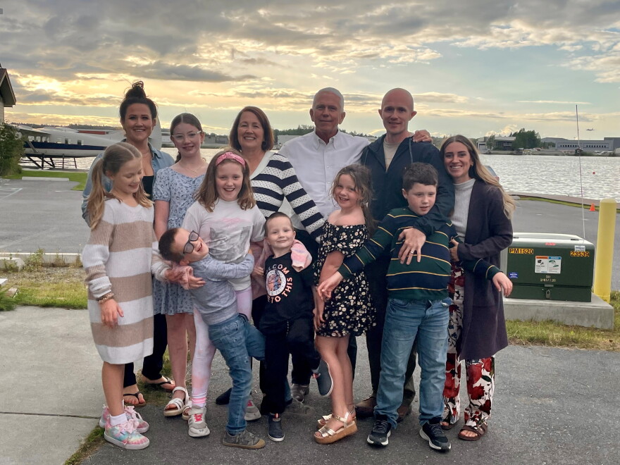 Clint Johnson (center) and his wife, children and grandchildren at Lake Hood during Johnson's retirement celebration o9n Aug, 21, 2026.