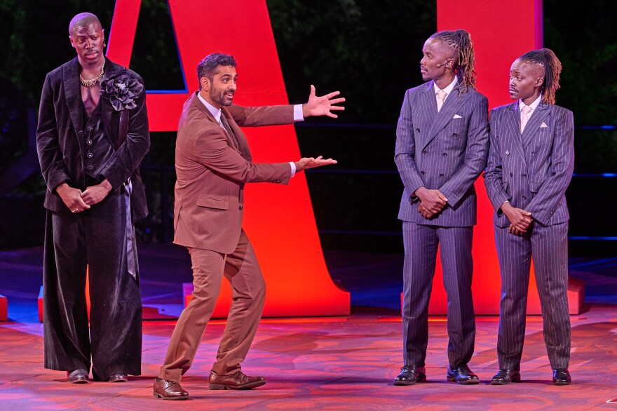 Twelfth Night Moses Sumney, Kapil Talwalkar, Junior Nyong'o; Lupita Nyong'o. photo: Joseph Sinnott The Delacorte Theater in Central Park August 30, 2025