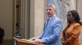 Senate Minority Leader Doug Beck, a Democrat from Affton, speaks about the use of state revenue for private school vouchers during a press conference April 23, 2026 (Annelise Hanshaw/Missouri Independent).