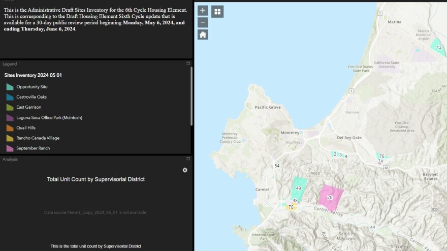 A screen grab shows a map of part of Monterey County including the Monterey Peninsula, with colored polygons indicating places identified as possible sites for new housing development.