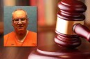Mugshot of old man with glasses and orange jumpsuit. Graphic of a gavel behind him 