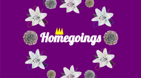 A purple background with a circle of white flowers in the middle. In the center is the word 'Homegoings' with a yellow crown over the M.
