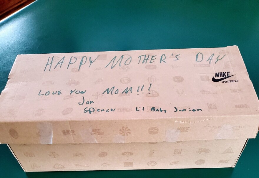 A shoebox marked "Happy Mother's Day."