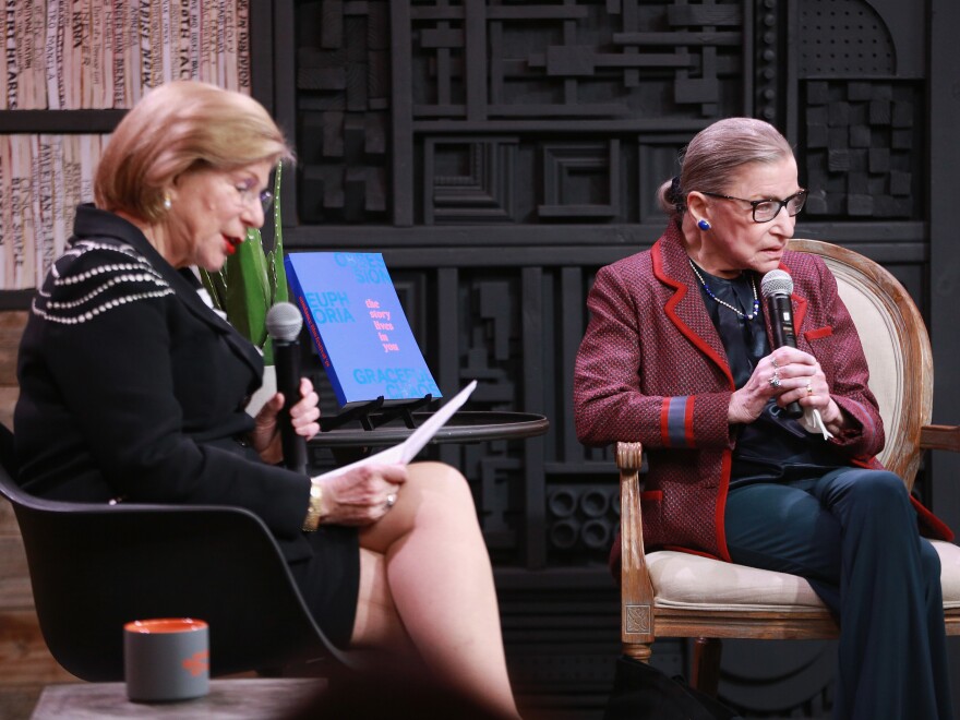 NPR legal affairs correspondent Nina Totenberg and Justice Ruth Bader Ginsburg speak during at the 2018 Sundance Film Festival. Totenberg and Ginsburg met in the 1970s and remained friends until Ginsburg's death in 2020.