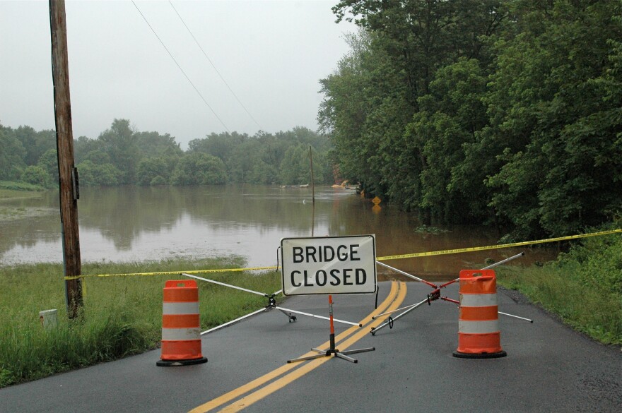 Bridge and construction equipment underwater on River Road in northeastern Morgan County. Sleepy Creek is backed up where it runs into the Potomac River. Photo taken on June 4, 2018.