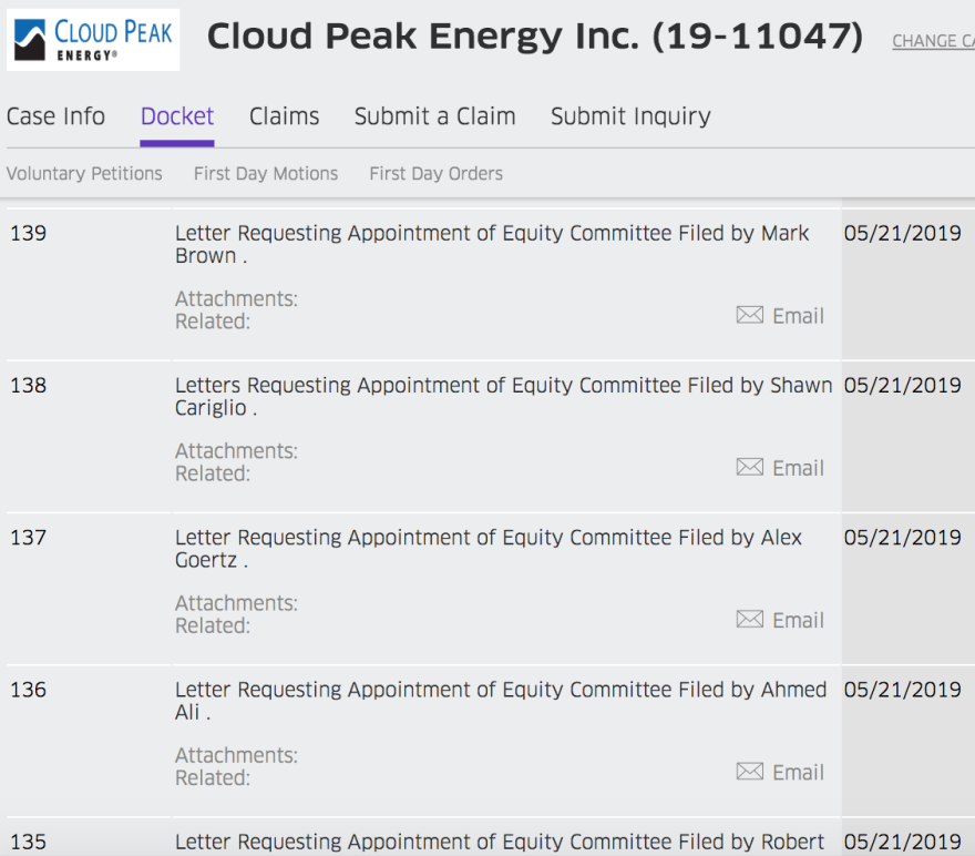 A few of the many letters requesting an equity committee on Cloud Peak's court docket