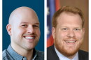 A joined photo of two smiling men: The photo at left includes a bald man wearing a blue checked button-down shirt; the photo at right includes a red-haired man with a red mustache and beard wearing a white button-down shirt, a red tie with blue and white stipes, black suitcoat, and an American flag lapel pin