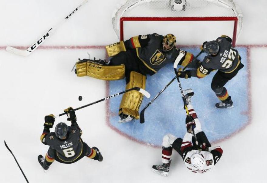 Vegas Golden Knights goaltender Marc-Andre Fleury (29) makes a save against the Arizona Coyotes during the second period of an NHL hockey game Thursday, April 4, 2019, in Las Vegas.