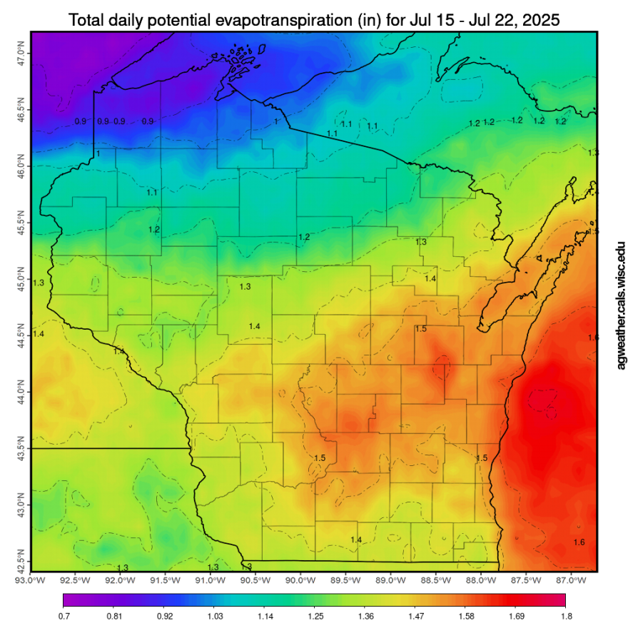 This map is an estimate of water lost to the atmosphere via evapotranspiration between July 15 and 22.