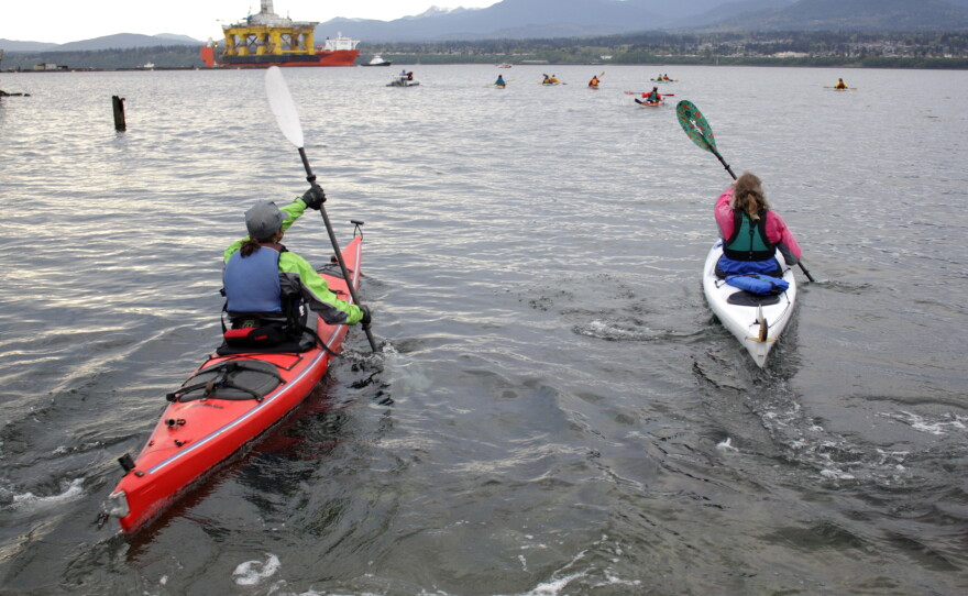 Kayakers protesting the arrival of Shell's Polar Pioneer rig in Port Angeles in April