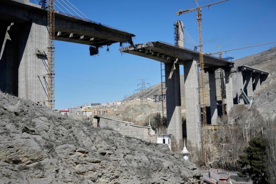 A newly constructed bridge struck by U.S. airstrikes Thursday is seen in Karaj, west of Tehran, Iran, Friday, April 3, 2026. (Vahid Salemi/AP)