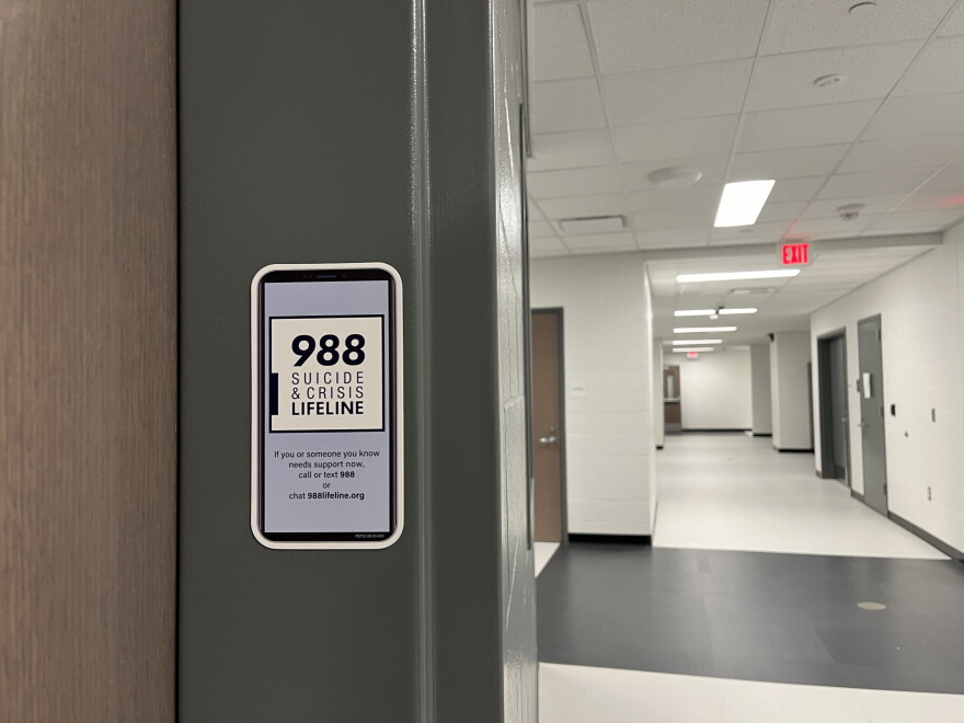 Throughout the newly built St. Bernard-Elmwood Place High School, stickers remind students of the 988 Suicide & Crises Lifeline. 