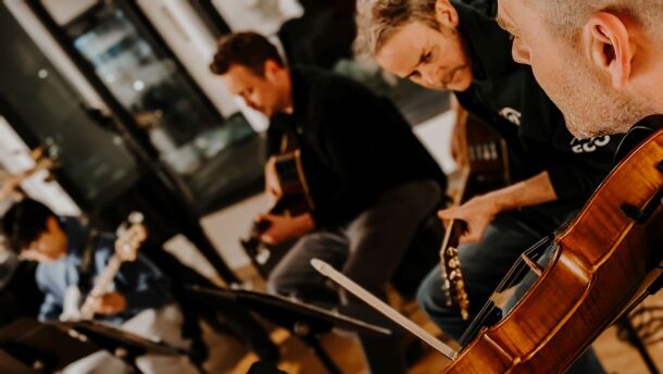 The local musicians during a rehearsal at the Art Center of Burlington.