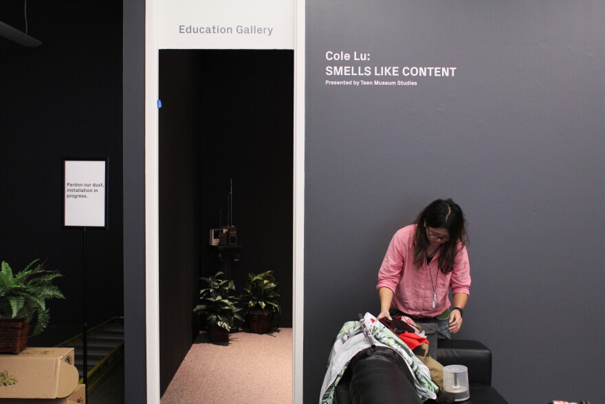 Artist Cole Lu pauses outside a video projection room in her exhibit SMELLS LIKE CONTENT