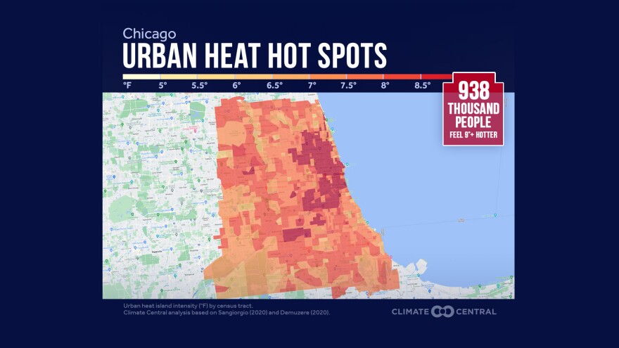Map of Chicago area with sections colored between light orange to red.