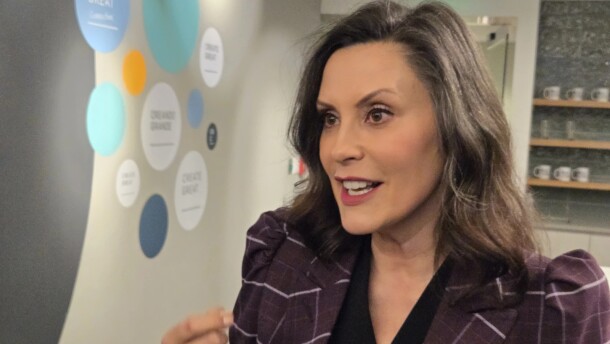 Governor Gretchen Whitmer speaks to reporters in Grand Rapids on April 21, 2025
